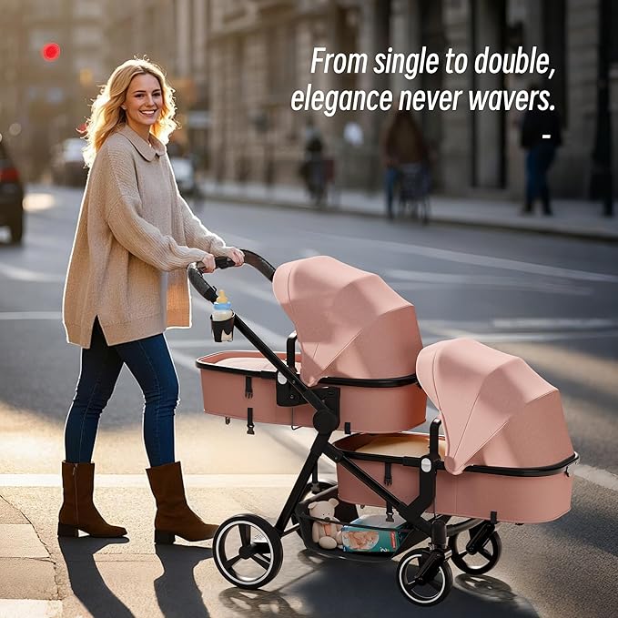 Double Stroller for Twins and Toddlers, Lightweight Aluminum Foldable Twin Stroller with Adjustable Backrest, Reversible Seat, 5-Point Harness, Storage Basket (Pink)