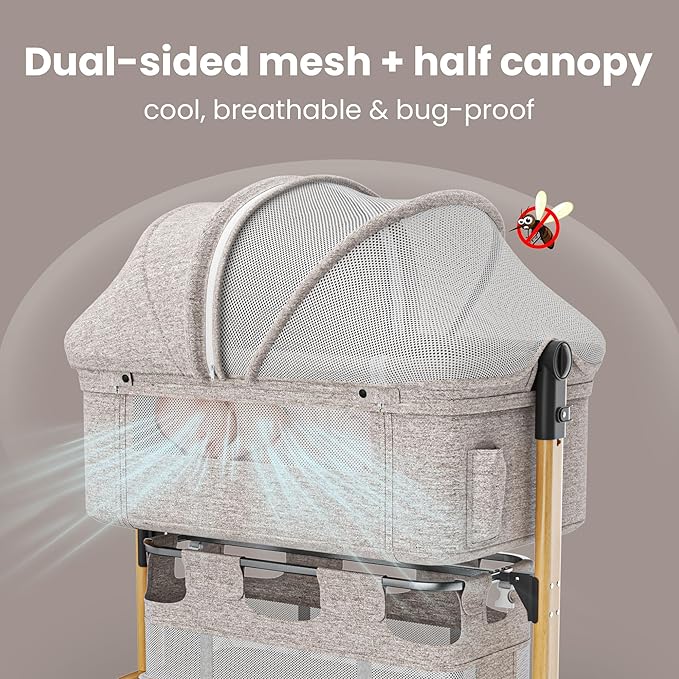 Baby Bassinet, Bedside Bassinet for Baby, 3 in 1 Adjustable Height Bedside Sleeper with Wheels, Breathable Mesh, Easy Folding Portable Crib, Rocking Mode & Storage Basket for Newborn Infants