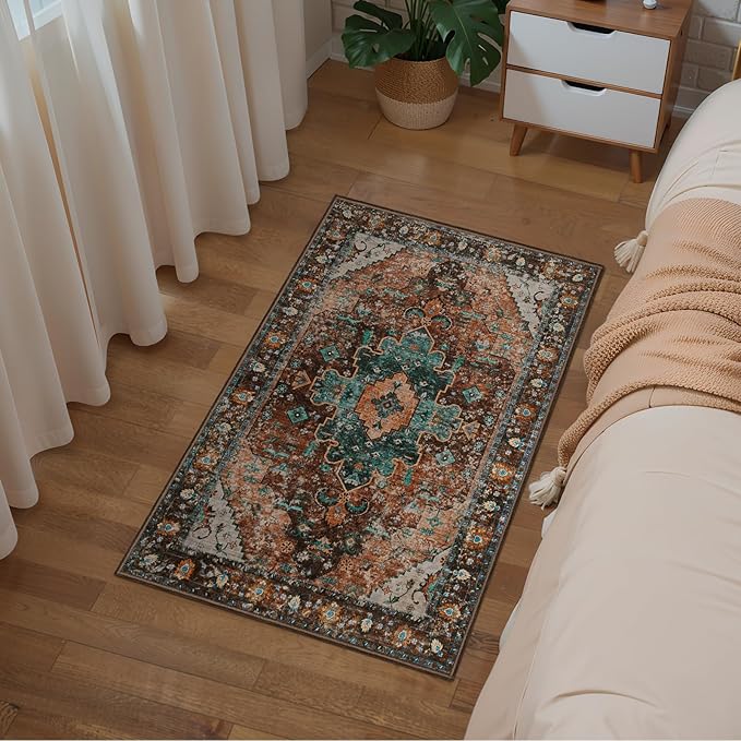 Ciicool Washable Vintage Area Rug, 2x3ft Small Boho Rug, Ultra Soft Rugs for Entryway, Non-Slip Entry Rugs Oriental Low-Pile Indoor Mat Floor Carpet for Entrance Bedroom Kitchen Bathroom Foyer Decor