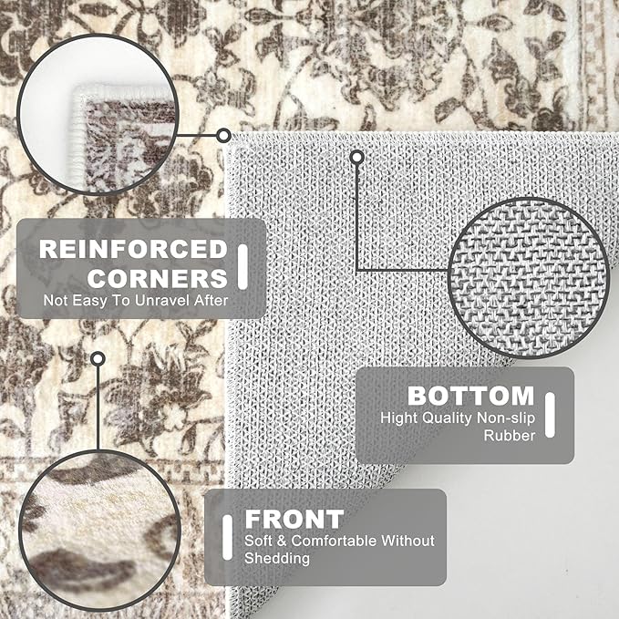 KILOCOCO Hallway Runner 2x6 Rug Runner Printed Vintage Floral Washable Kitchen Runners Non-Slip Rubber Backed Runners for Hallways Laundry Room Distressed Boho Rugs for Entryway Bedroom, Beige/Brown