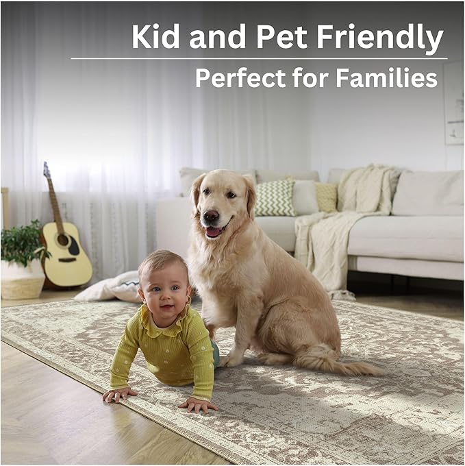 Bloom Rugs Washable Non-Slip 7 ft Runner - Light Brown Traditional Medallion Runner for Entryway, Hallway, Bathroom, and Kitchen - Exact Size: 2.5' x 7'