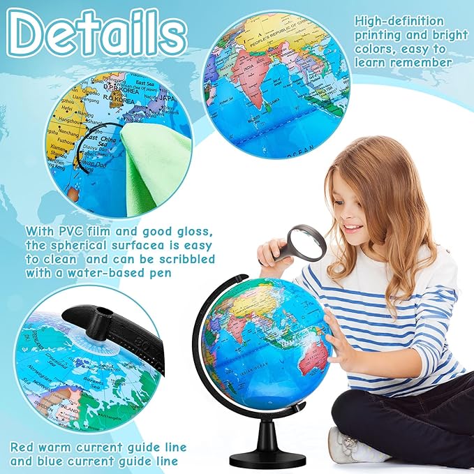 Amylove 13'' Illuminated World Globe for Adults 720°/360° Rotation Rewritable Light Up Globe with Stand World Map for Interactive Learning Light with Base Lamp LED Decor(Plastic,Classic)