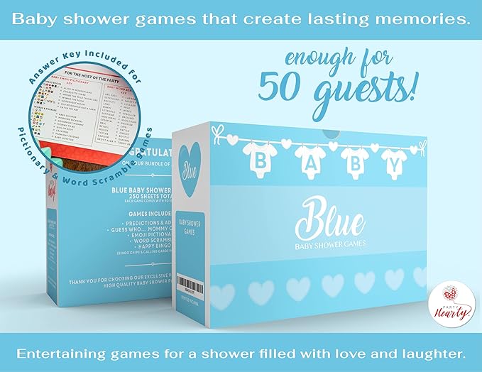 Party Hearty Baby Shower Games for Boy, 250 pcs Blue 5 Games Activities Cards, Funny Baby Shower Games, Baby Shower Ideas