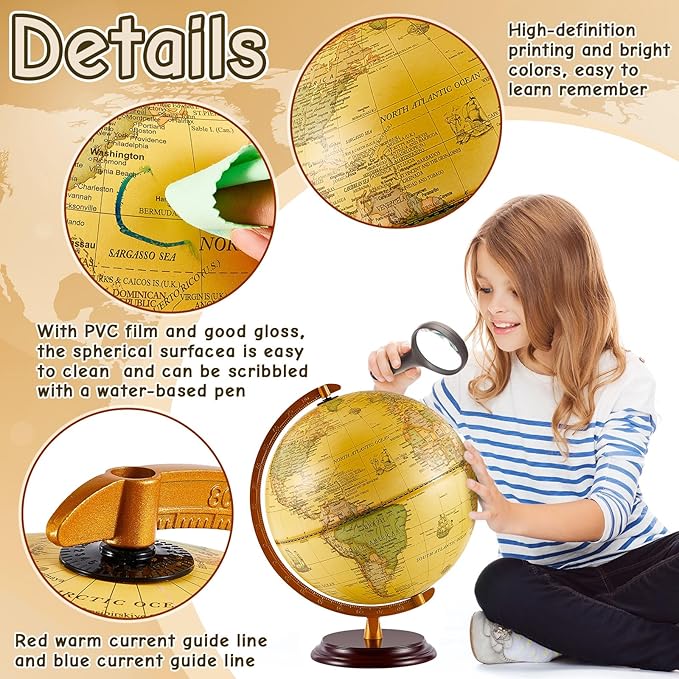 Amylove 13'' Illuminated World Globe for Adults 720°/360° Rotation Rewritable Light Up Globe with Stand World Map for Interactive Learning Light with Base Lamp LED Decor(Wood,Vintage)