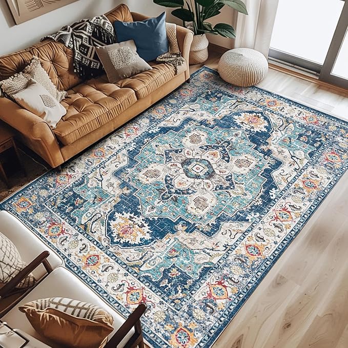 jinchan Area Rug 6x9 Washable Living Room Rug Indoor Large Vintage Floor Cover Distressed Navy Blue Multi Lightweight Non Slip Thin Carpet for Kitchen Bedroom Dining Room