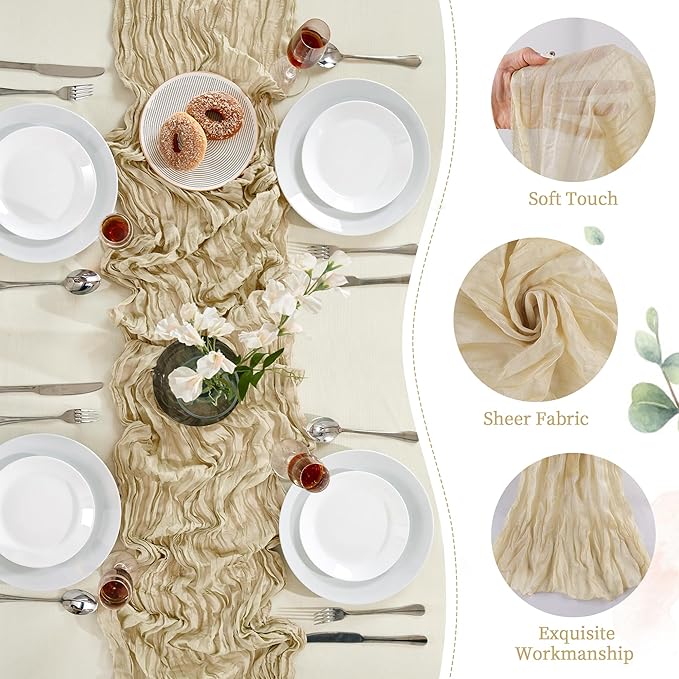 Cheesecloth Table Runner 10FT Long Boho Gauze Table Runner Rustic Sheer Runner for Wedding Bridal Baby Shower Birthday Party Table Decor Thanksgiving Christmas (Beige, 6 Pack)