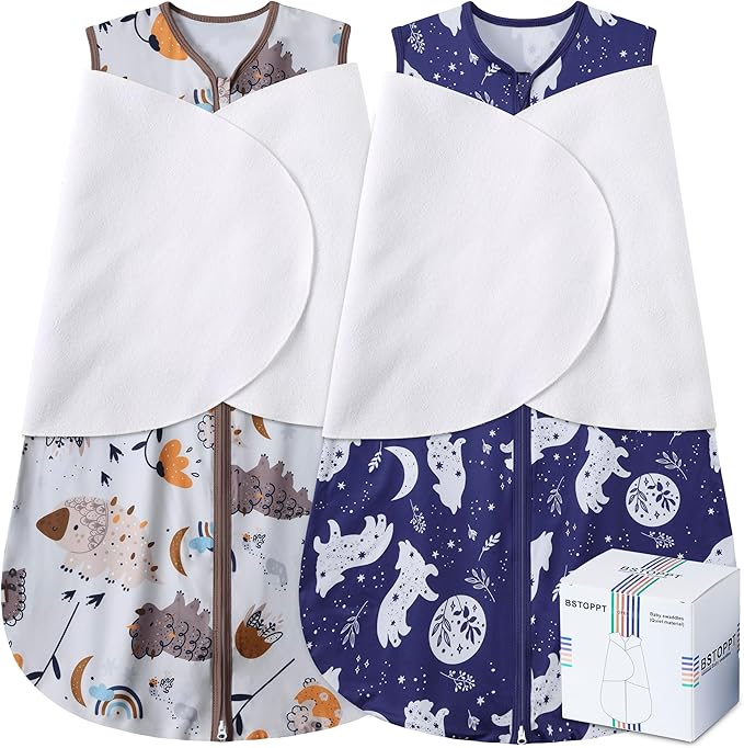 Newborn Sleep Sack Baby Swaddle,3-Way Adjustable Wearable Blanket,100% Rayon Cotton Swaddling Sleeping Bag,TOG 0.5 (Fox & Dinosaurs, 0-3 Months)
