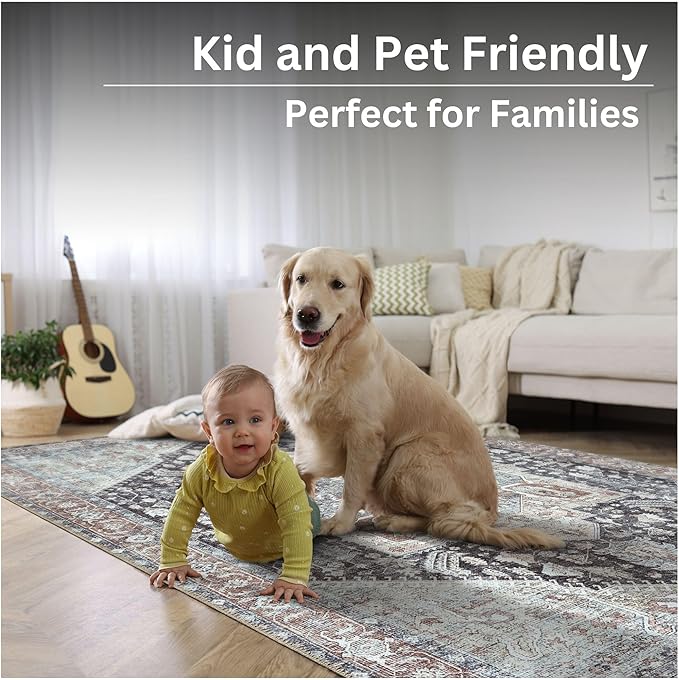 Bloom Rugs Washable Non-Slip 10 ft Runner - Charcoal/Brown Traditional Medallion Runner for Entryway, Hallway, Bathroom, and Kitchen - Exact Size: 2.5' x 10'