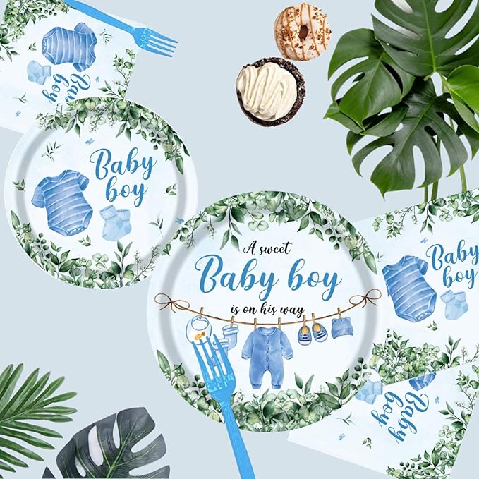 Baby Shower Decorations, Boy Baby Shower Decorations Include Plates Napkins Cups Banner Tablecloth and Forks, Serve 20