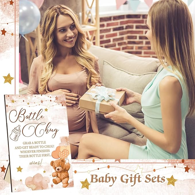 Bear Cool Baby Shower Games Bottle Chug Sign Wooden Brown Theme Gift Sets Gender Reveal Party Favors and 12 Pcs Baby Bottle Shower Favor for Gender Reveal Party Decor(Bear)