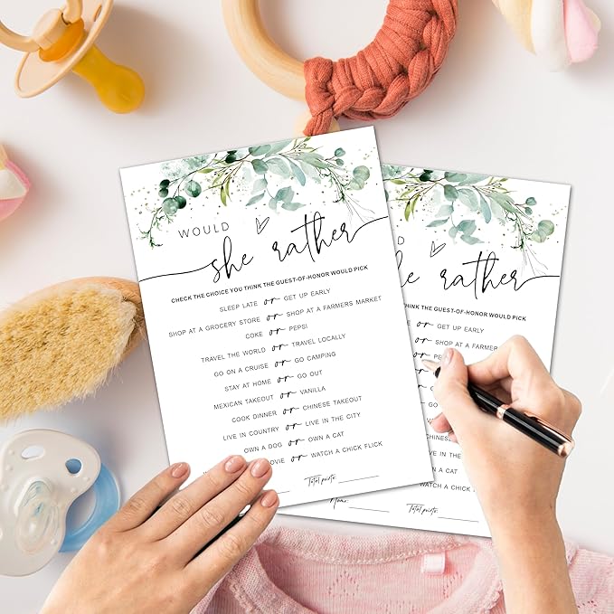 Baby Shower Game Cards - Set of 30 Would She Rather Game - Greenery Double Sided Print Baby Announcement Gender Reveal Card for Parents to Be - Baby Shower Party Activities Supplies - A13