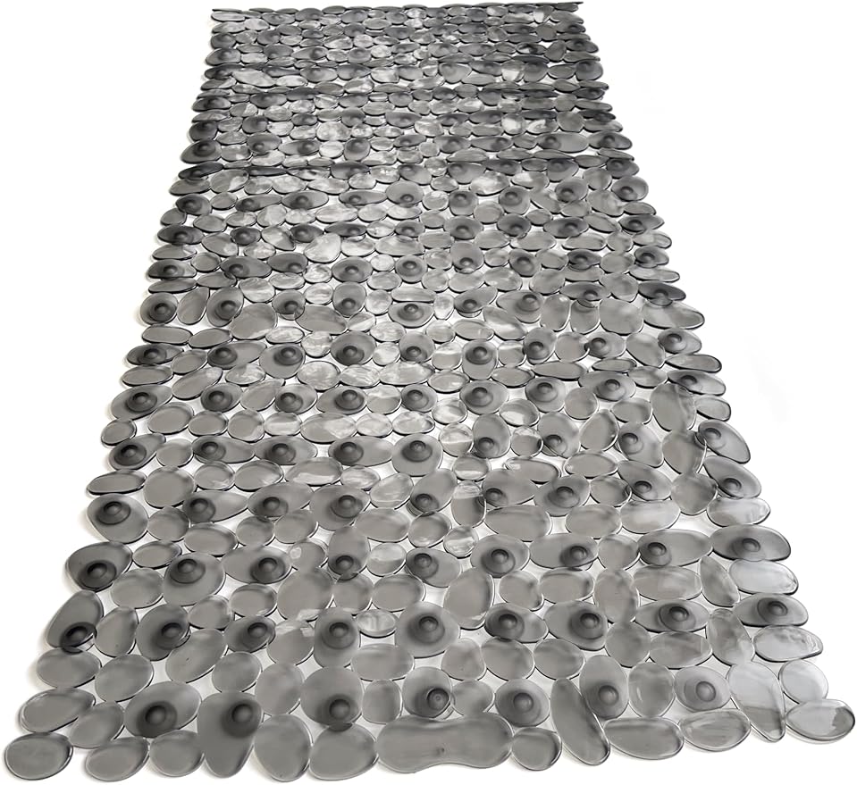 “Pebbles” Non-Slip Bathtub/Shower Mat 35"x16" Rectangular, Non-Toxic, Safe, Clean, Machine-Washable, Superior Grip & Drainage, Vinyl, for Smooth Floors ONLY, Transparent Gray