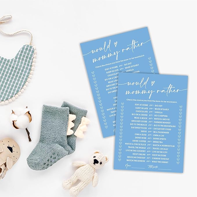 Would Mommy Rather Baby Shower Game Cards - Minimalism Blue - 30 Double-Sided Fill In Style Game Cards For Gender Reveal, Baby Announcement, Party Games & Activity - C06