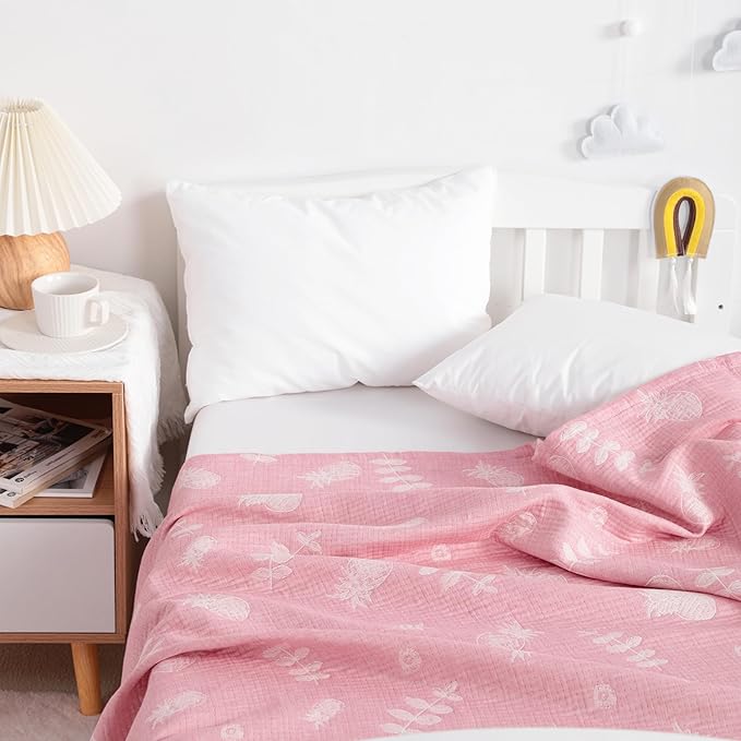 NTBAY 3 Layer Oversized Muslin Cotton Toddler Blanket, 45x60 Inches Jacquard Reversible Nursery Bed Blanket, Super Soft and Thermal Crib Blanket for All Seasons, Baby Gift, 45"x60", Pink Pineapple
