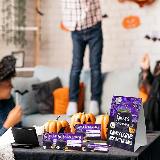 Halloween How Many Candy Corns Are In The Jar - 1 Standing Sign & 50 Guessing Cards - Halloween Witch Bowl Party Game & Decoration For Boys, Girls, Adults - Baby Shower, Birthday Game Set - A10