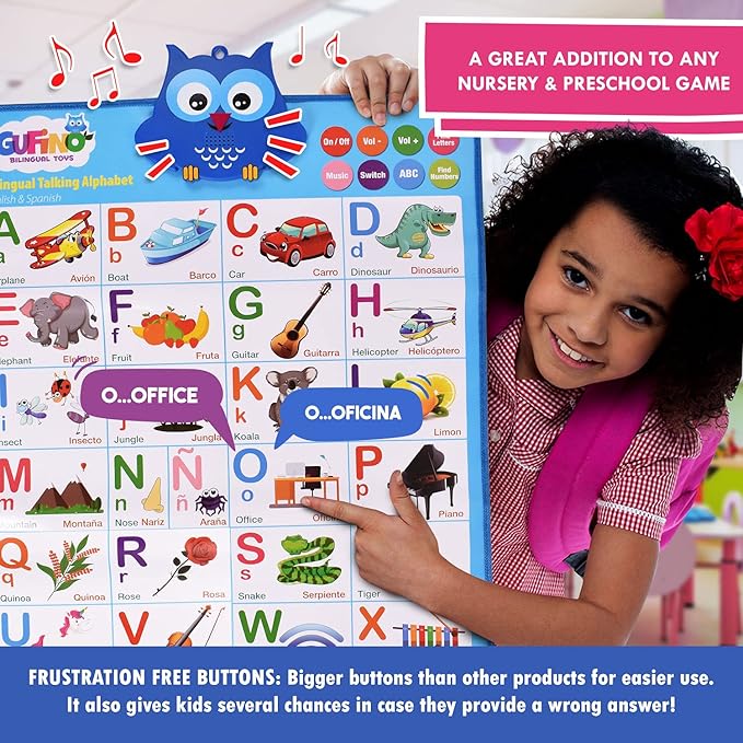 Gufino Alphabet Wall Chart - Bilingual Toys with Interactive Touch Buttons for Independent & Guided Learning - Ideal for Preschool Learning Activities & Spanish Classroom Supplies.