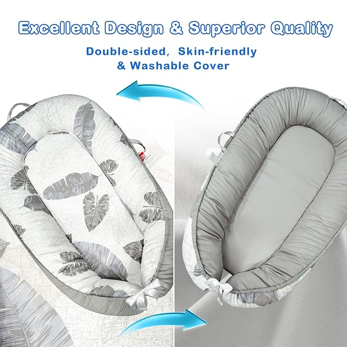 Baby Lounger for Newborn 0-24 Months, Baby Nest Cover Breathable and Soft Cotton, Infant Lounger with U-Shaped Safety Bumper for Cozy Comfort Baby Essentials (Leaves Grey)