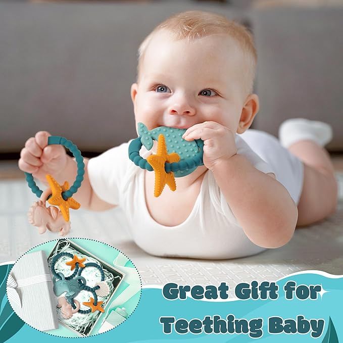 Silicone Teether Toys for Babies - 2ooya 3Pcs Summer Ocean Beach Themed Teething Ring, Baby Sensory Chew Toys with Rattles for Newborn Boy and Girl to Soothe Sore Gums, Baby Shower Birthday Gifts