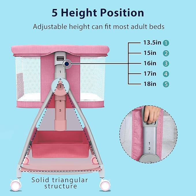 Baby Bassinet Bedside Sleeper, 3 in 1 Rocking Bassinet for Baby, Arms Reach Co Sleeper Bassinet with Wheels, Adjustable Height, Storage, Mattress & Canopy (Pink)