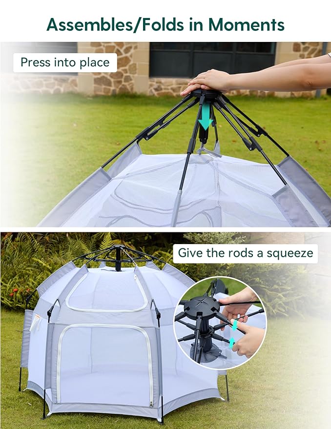 Babelio Pop up Baby Tent, Travel Playpen for Babies, Indoor and Outdoor, Portable/Foldable Play Yard W/Canopy, Travel/Nap, Sun Protection, One-Touch Storage- Light Grey