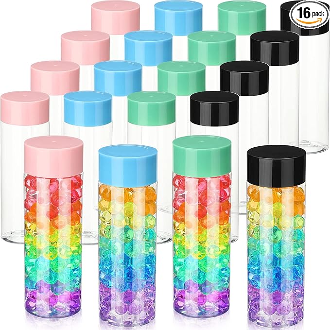 Hoolerry 16 Pcs Empty Plastic Sensory Bottles with Lids Round Clear Plastic Water Bottles Reusable Sensory Bottles for Sensory Crafts Classroom Handmade Party(Pink Green Blue Black,13.5 oz)
