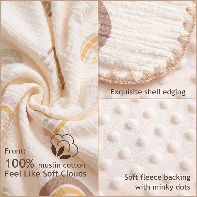 Baby Blanket with Dotted Double Layers Muslin Soft Swaddle Blanket Cotton Neutral Receiving Blankets for Toddler Baby Quilt Throw Blanket Bed Throw Blanket for Newborn Unisex 40x40 Inch-Rainbow