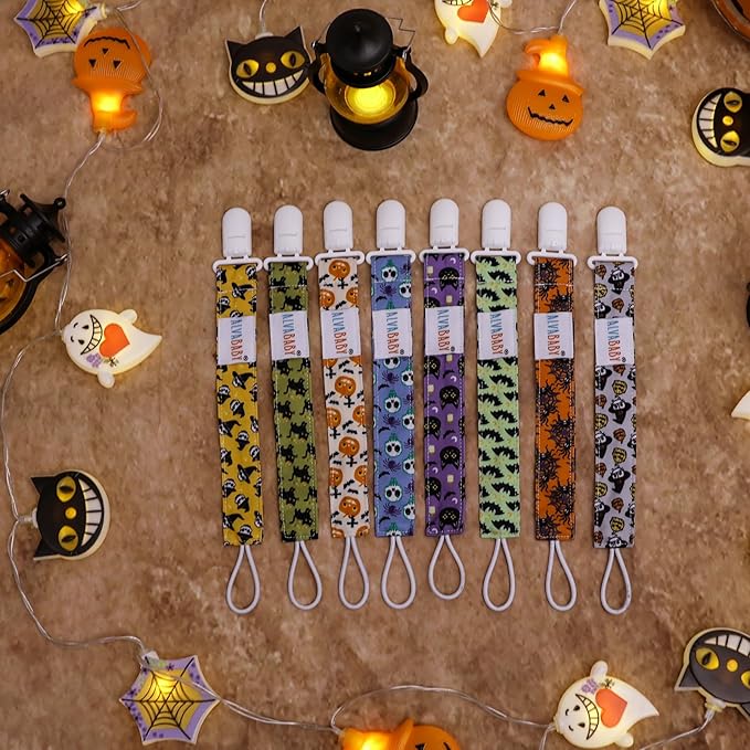 ALVABABY Paci Clip 8 Pack Holder Leashes for Newborn Baby Boys Girls Halloween 8DP04-DA