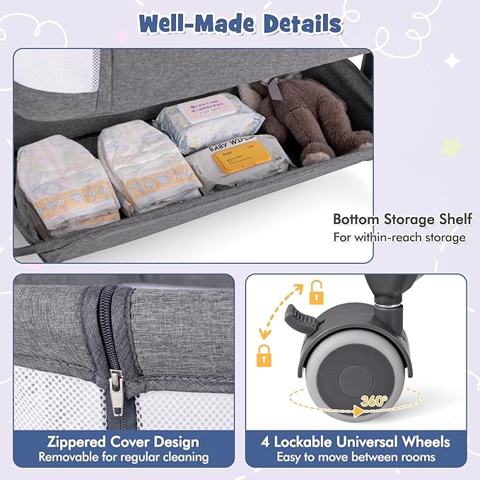 BABY JOY Bassinet, Bedside Crib w/ 6-Level Adjustable Height, Storage Shelf, Wheels, Mattress & Carry Bag for Safe Co-Sleeping, Folding Bassinet Bedside Sleeper for Newborn Infants (Gray)