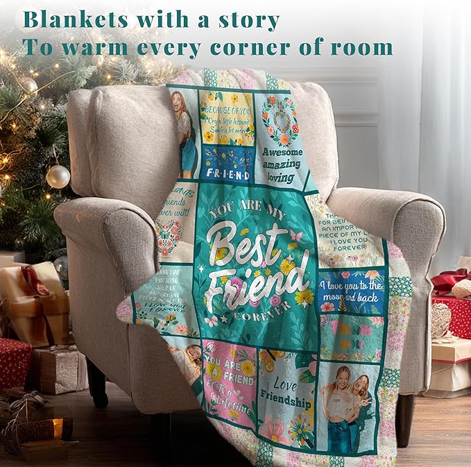 BFF Best Friend Custom Personalized Blanket Thow Gifts with Photo, Customized Pictures Blankets Gift for Sister Women Girls Christmas Birthday (Green Grid Friend)