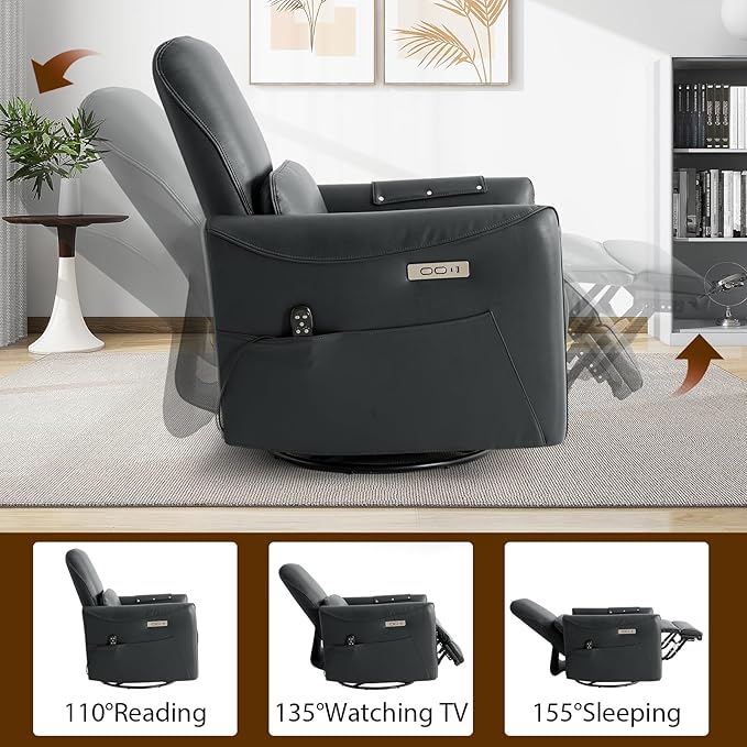 Swivel Glider Rocking Recliner, Power Recliner Chairs with Massage & Lumbar Support, Upholstered Faux Leather Reclining Sofa Chair for Living Room & Nursery (Darkgrey)