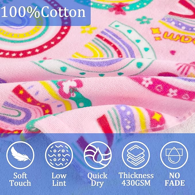 VOOVA & MOVAS Hooded Towels for Kids 3-10Years, 30''X50, Soft | Thick | 100% Cotton | Absorbent Towel Wrap for Girls, Perfect for Toddler Beach, Pool, Bath, Swimming,Rainbow