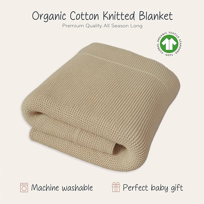 Knitted Organic Cotton Baby Blanket- Swaddle Blanket, 30" x 40" Soft Receiving Blanket for Newborn (Fog)