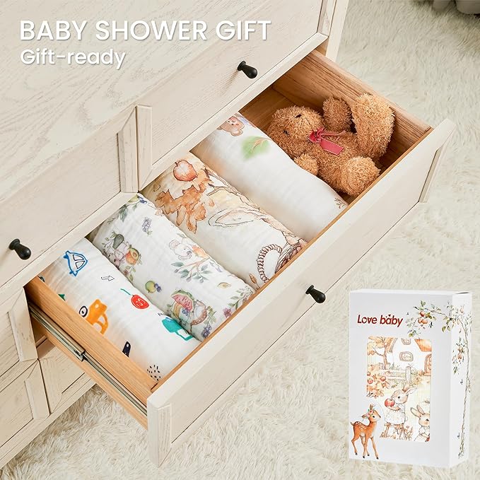 Luxury Muslin Baby Blanket, Cozy Swaddle, 6-Layer Cotton Receiving Blanket for Newborn Infant, 43x43 Inch Lightweight Breathable Crib Blanket, Nursery Stroller Toddler Quilt, Rabbits