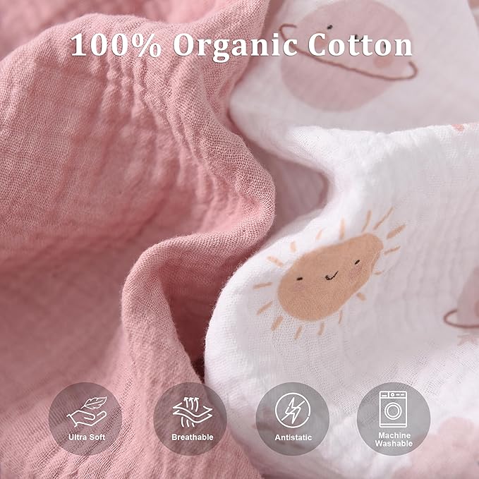 Baby Crib Sheets 2 PCS, 100% Organic Cotton Crib Sheet for Standard Crib Mattress(52”x 28”), Fitted and Soft Breathable Muslin Crib Mattress Sheet for Girl and Boy (Rainbow, Pink)