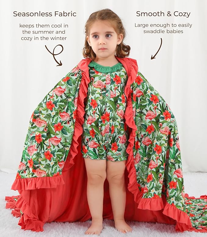 Premium Baby Blanket for Girls, Stretchy Quilt, Soft Crib Bedding for Newborn Baby and Toddler, Ruffle Nursery Blanket for Kids, Viscose Made from Bamboo, 50''x50'' Flamingo