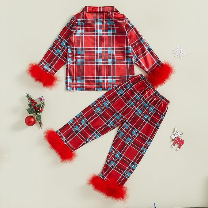 Toddler Kids Baby Girl Solid Pjs Ruffle Long Sleeve Button Shirt Top and Pants Cotton 2Piece Pajamas Set