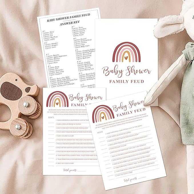 Baby Shower Family Feud Game - Pack of 30 Game Cards 1 Answer Key, Rainbow Baby Shower Game for Boy & Girl, Baby Shower Decorations, Baby Feud Game Supplies-05