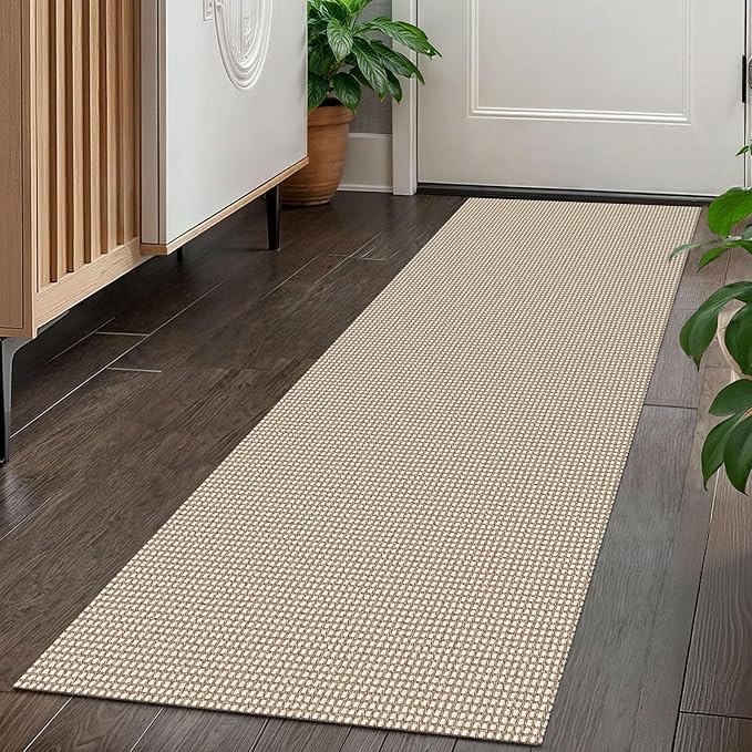 KOZYFLY Runners for Hallways 2x5 ft Washable Kitchen Runner Non Slip Rubber Backed Hall Runners Cotton Entryway Runner Rugs Floor Carpet for Indoor Backdoor Bedroom Kitchen, Ivory/Khaki