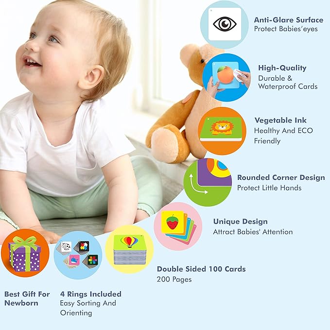 100 PCS 200 Page Black White Colorful 3D Visual Stimulation Baby Flashcard for Newborn Baby Infant Gift (, 5.5” X 5.5”)