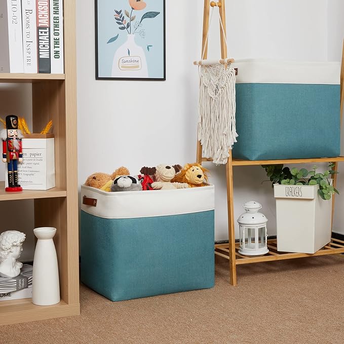 HNZIGE Large Canvas Organizer Baskets for Organizing, Rectangular Shelf Baskets with Handles, Collapsible Linen Storage Basket for Storage Shelves Closet, Home(White Teal), 17" x 12" x 15"