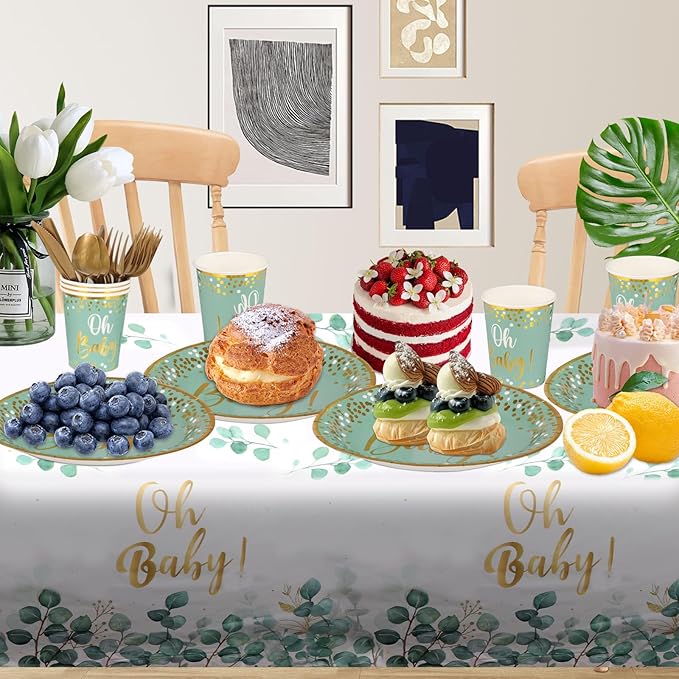 141PCS Sage Greenery Baby Shower Party Supplies Disposable OH Baby Tablecloth Paper Plates Napkins Cups Knives Spoons Forks for Boy Girl Birthday Party Decorations Serve 20