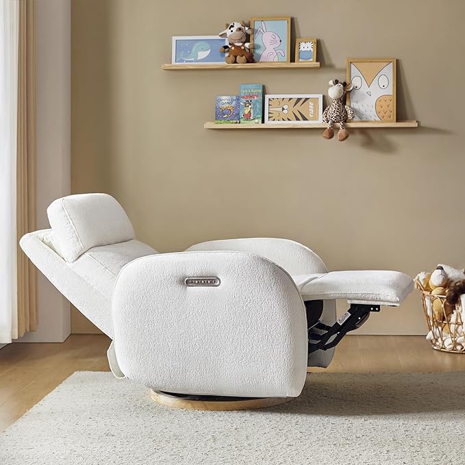 HULALA HOME Glider Recliner Nursery Chair with Adjustable Headrest and Lumbar Support, Modern Power Recliner with USB Port and Nightlight, Swivel Rocker Glider for Nursing Room Bedroom, White