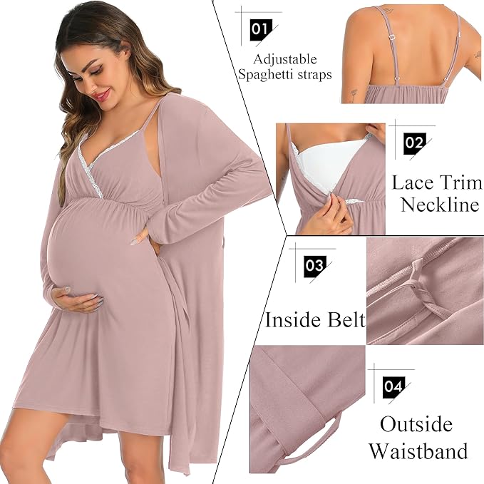 SWOMOG Womens Maternity Robe 2 Piece Nursing Nightgown for Breastfeeding 3 in 1 Labor Delivery Nursing Dress Lace Bathrobe
