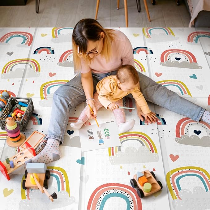 79 x 71 Baby Play Mats for Floor, Foldable Foam Play Mat for Babies 0-12 months,Thick & Waterproof Playmate for Baby, Non Toxic Baby Tummy Time Activity Playmat, Reversible Playpen Mat for Infant