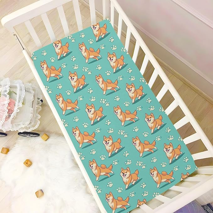 Baby Crib Sheets Fat Shiba Inu Crib Sheets for Boys Girls,Neutral Bassinet Toddler Bed Play Sheets Breathable Soft and Portable 52 * 28 * 9in