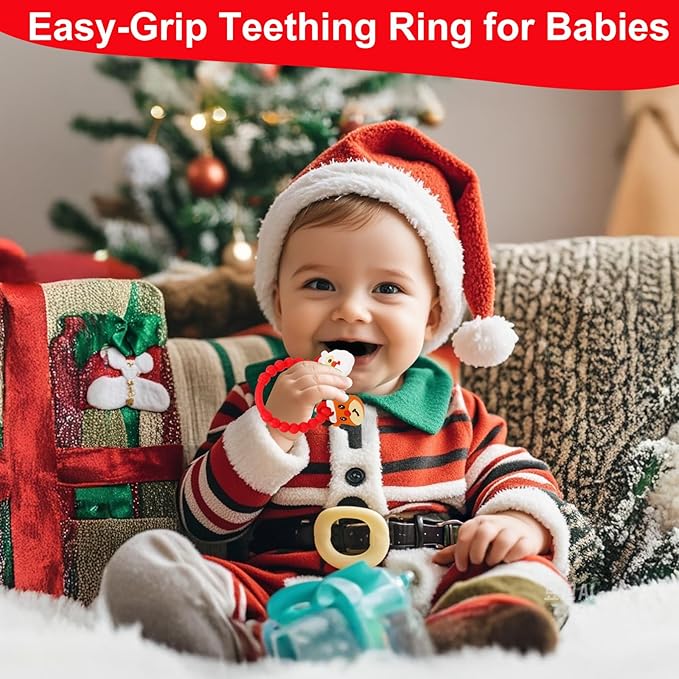 Christmas Baby Teething Ring Toys – Santa Claus & Reindeer Teethers for Newborns, Infants & Toddlers – Sensory Chew Bracelet for Teething Relief – Perfect Baby’s First Christmas Stocking Stuffers