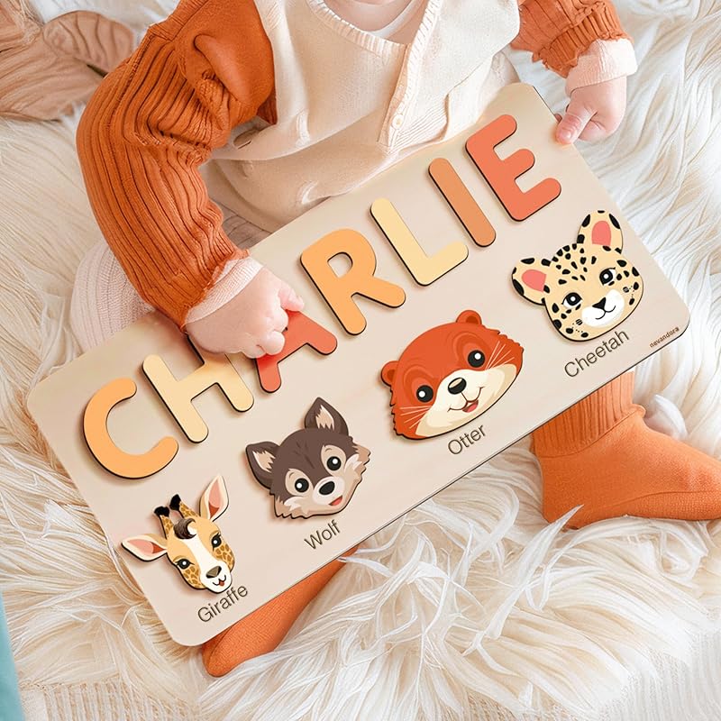 Custom Baby Name Puzzle with Animals, Baby Girl and Boy Gift, Personalized Puzzles for Toddlers, 3 6 9 12 15 18 24 36 Months Toy, Custom Baby Gift, Boy and Girl Personalized Wood Toy, Christmas Gift