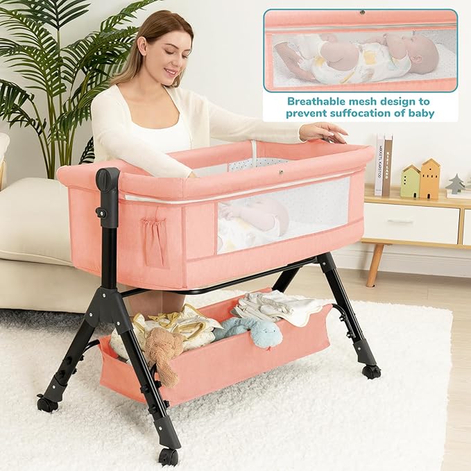 Baby Bassinet Sleeper, Adjustable Baby Crib, Rocking Bassinets Bedside Sleeper, Easy to Fold Portable Crib Side Bassinet with Breathable Mesh and Wheels (Pink)