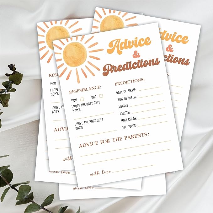Prediction & Advice Game Set For Baby Shower - Watercolor Sunshine - 30 Double-Sided Fill In Style Game Cards For Gender Reveal, Baby Announcement, Party Favor & Supplies - B01