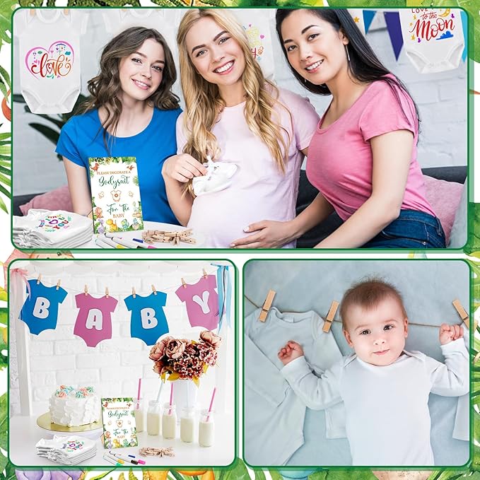 Panitay 126 Pcs Baby Shower DIY Bodysuit Set Rustic Kraft Baby Shower Game Sign DIY Bib 25 Blank White Newborn Bodysuit 25 Stencils 24 Marker 1 Sign 50 Pins for Gender Reveal(Dinosaur)